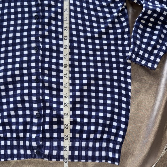Navy/White Gingham Cotton Cardigan Houndstooth Plaid Button Front 3/4 Sleeve MED - Picture 7 of 10